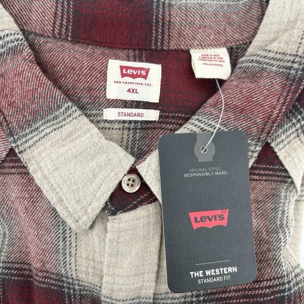 Levi's Standard The Western 4XL Pearl Snap Red Beige Flannel Big &‎ Tall NWT!
